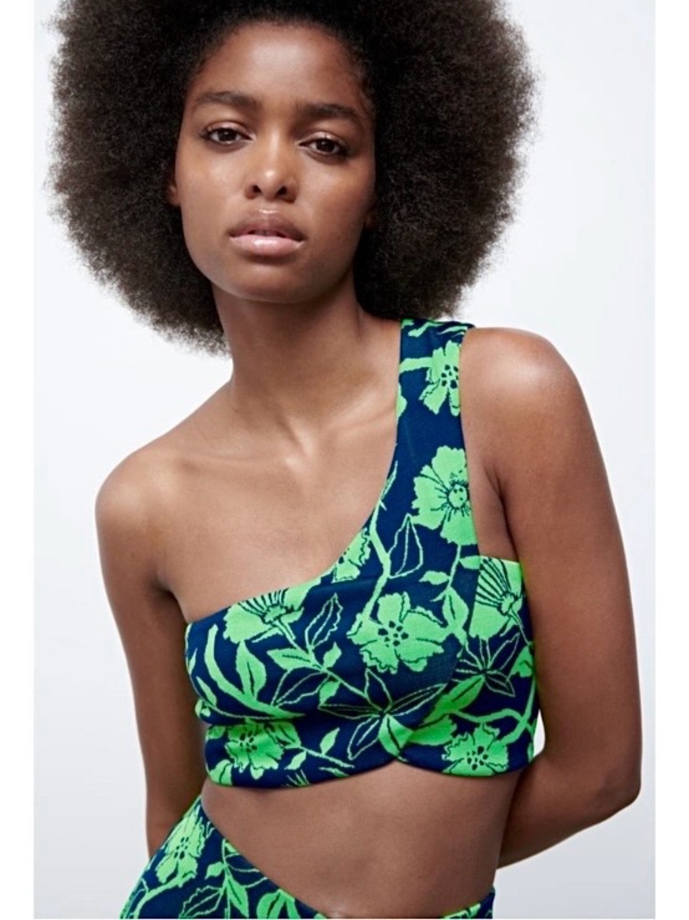 Zara Jacquard Top One Shoulder Crop Tank Navy Blue Green 5039/687 Floral Small